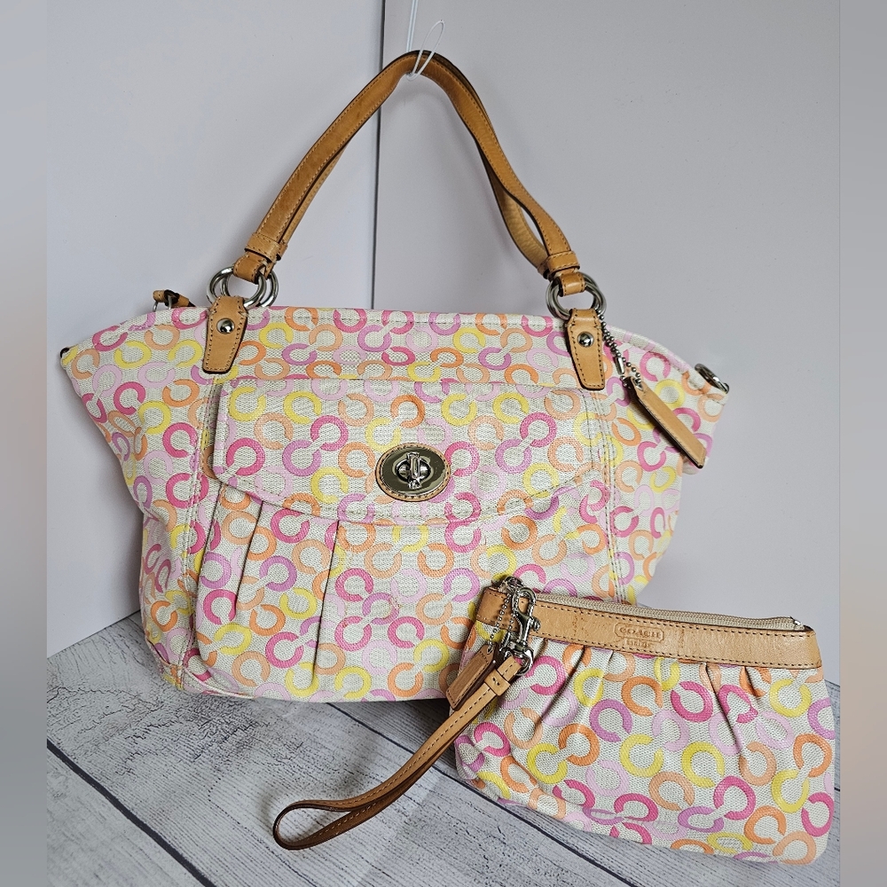 Coach Vintage Leah Signature Op Art Muti-color CC Shopper Tote #13142 & Wristlet